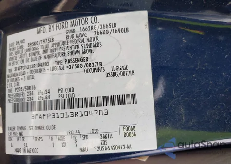 2003 Ford Focus Zx3 z USA, uszkodzony, nr VIN 3FAFP31313R104703